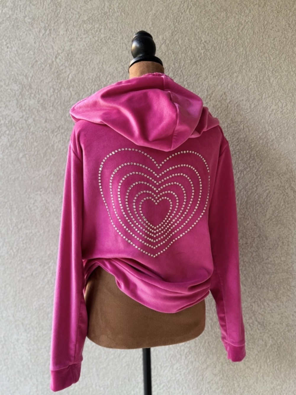 Angel Cult Pink Velour Rhinestone Heart Zip Hoodie Medium Y2K McBling Fairycore